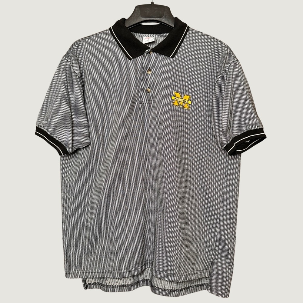 True Fan Michigan Wolverines Mens Large Polo Shirt Black White Micro Pattern L